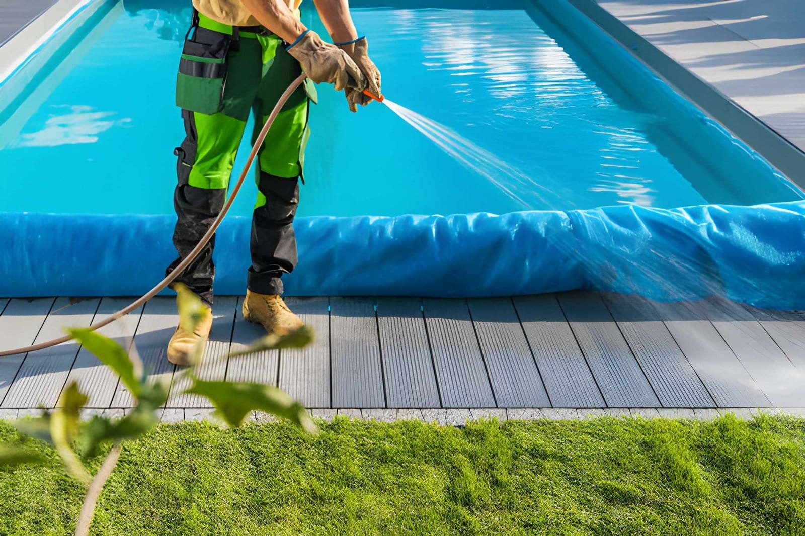 Breasy washing a cool deck pool surround at a Scottsdale home with surface-matched pressure